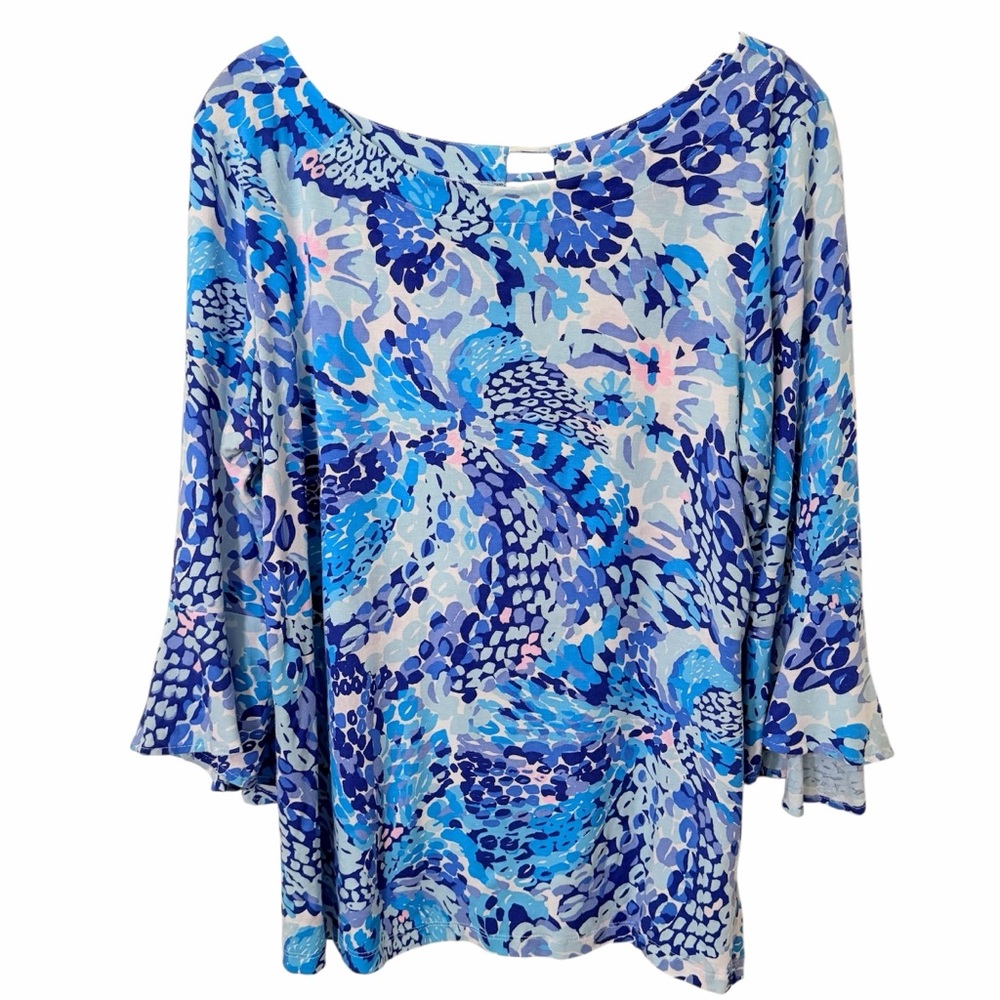 Lilly Pulitzer Blue print Top EUC Wave After Wave 3/4 sleeve Size L - Picture 3 of 4